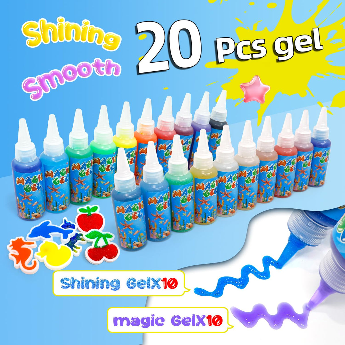 Close-up of 20 colorful water gels with shimmering finishes for vibrant squishy crafts.