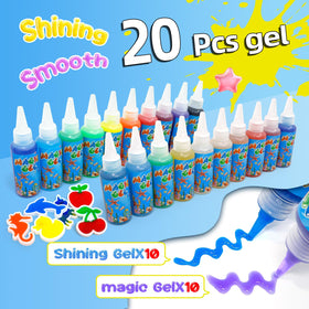 Close-up of 20 colorful water gels with shimmering finishes for vibrant squishy crafts.