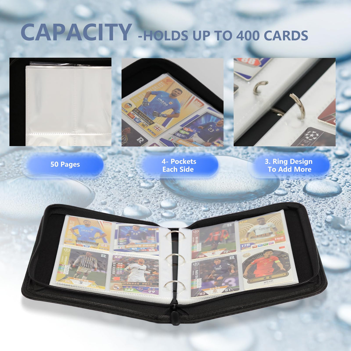 FLEKKO 4-pocket binder zipper closure keeps cards secure during transport.