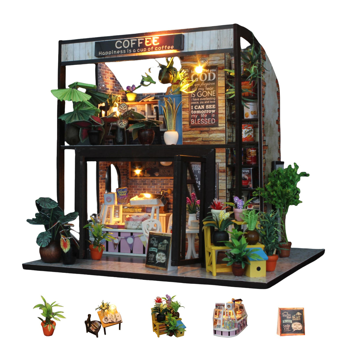 Flever finished dollhouse on display adds cozy ambiance.