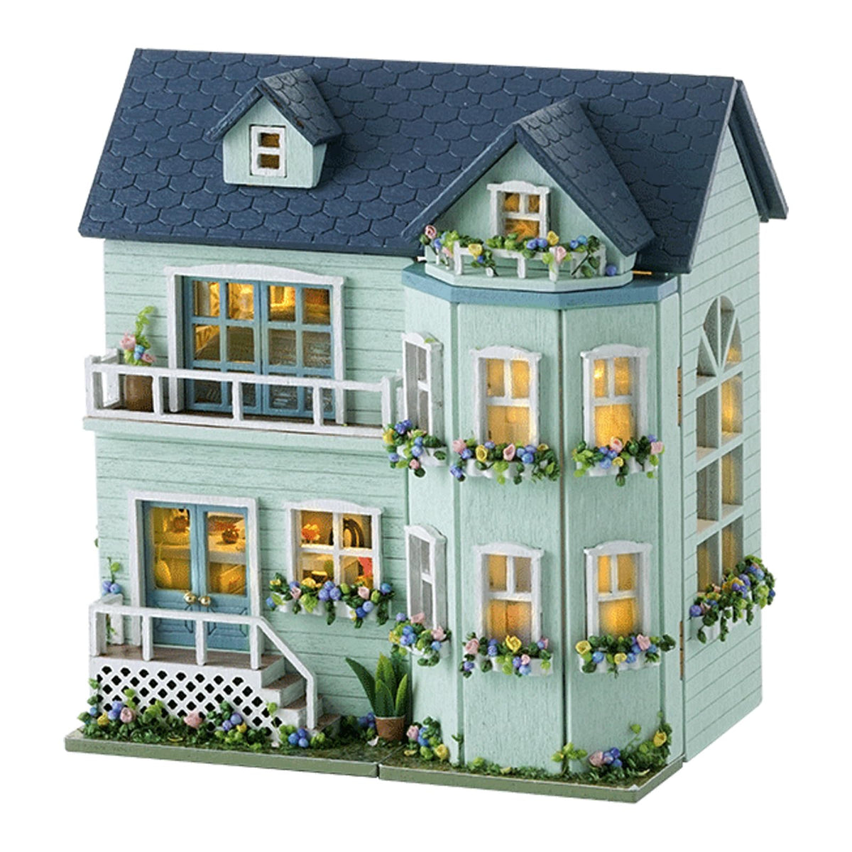 Flever dollhouse front view shows cozy miniature facade for display