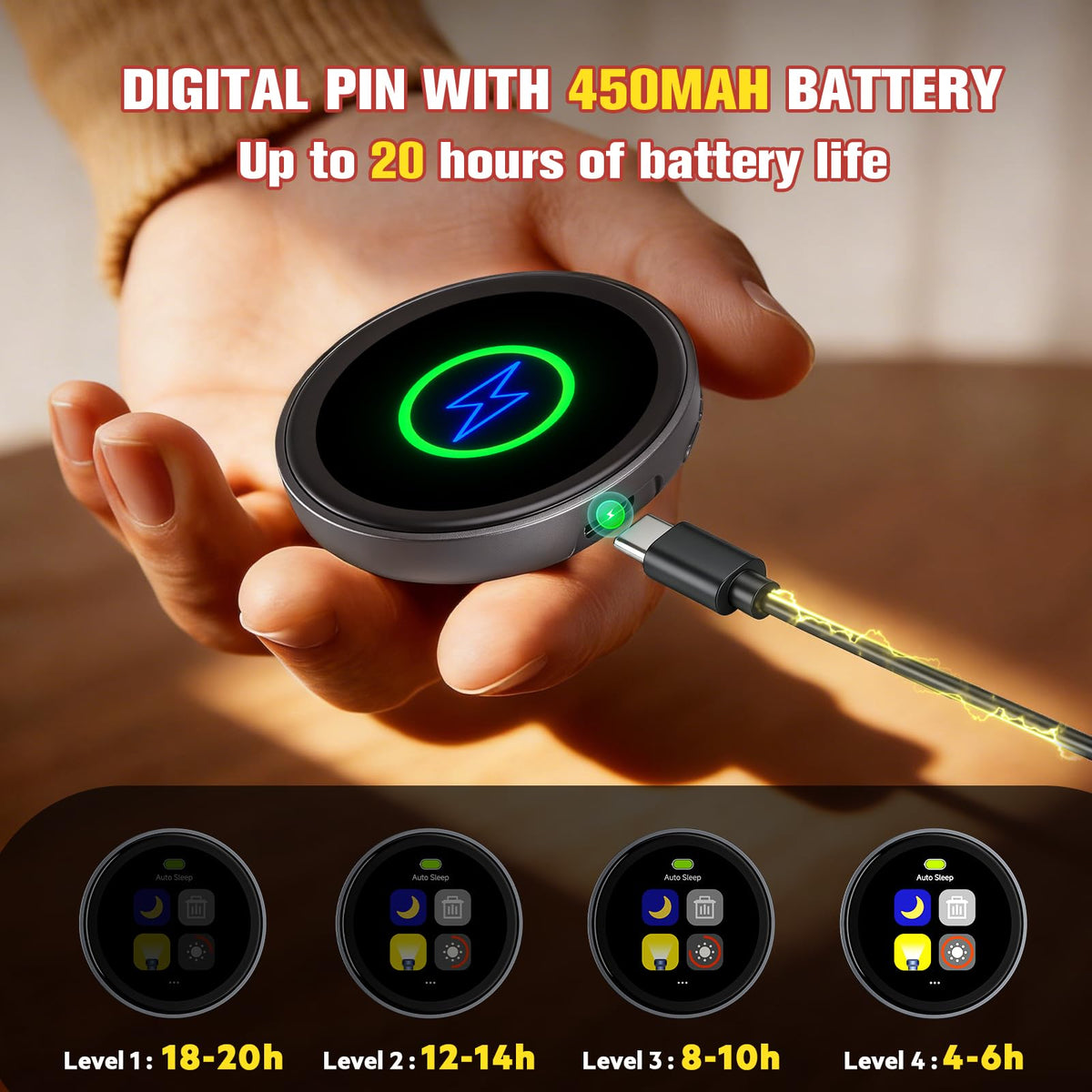 FLLVILLEY Digital Pin offers long battery life for all-day use.