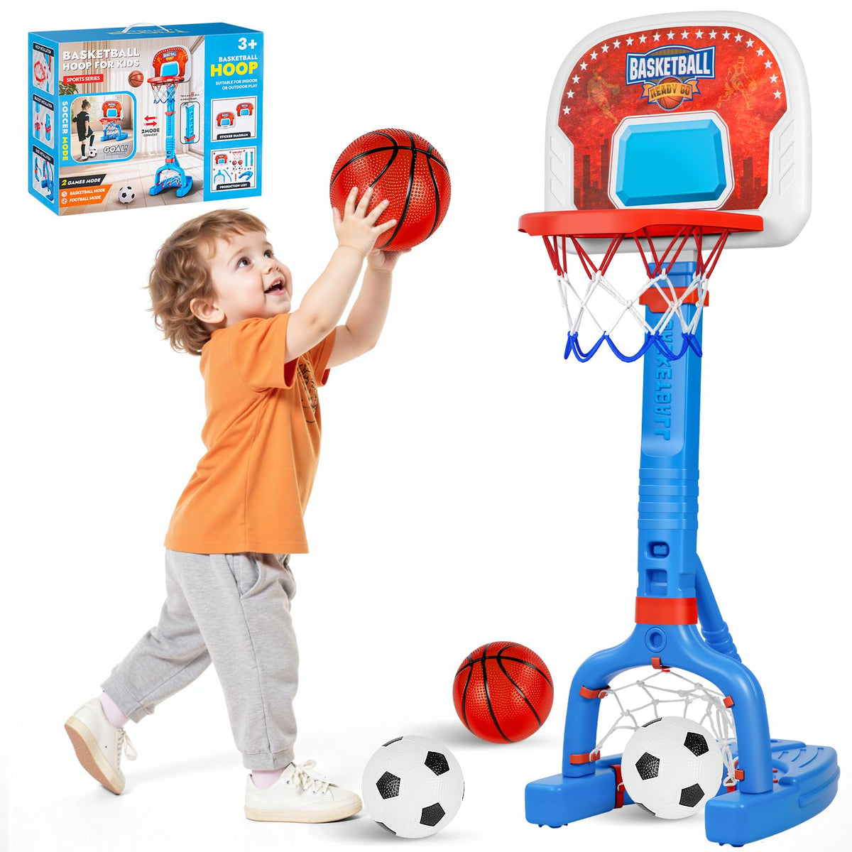 FLMAQE toddler basketball hoop assembly highlights quick setup for family play.