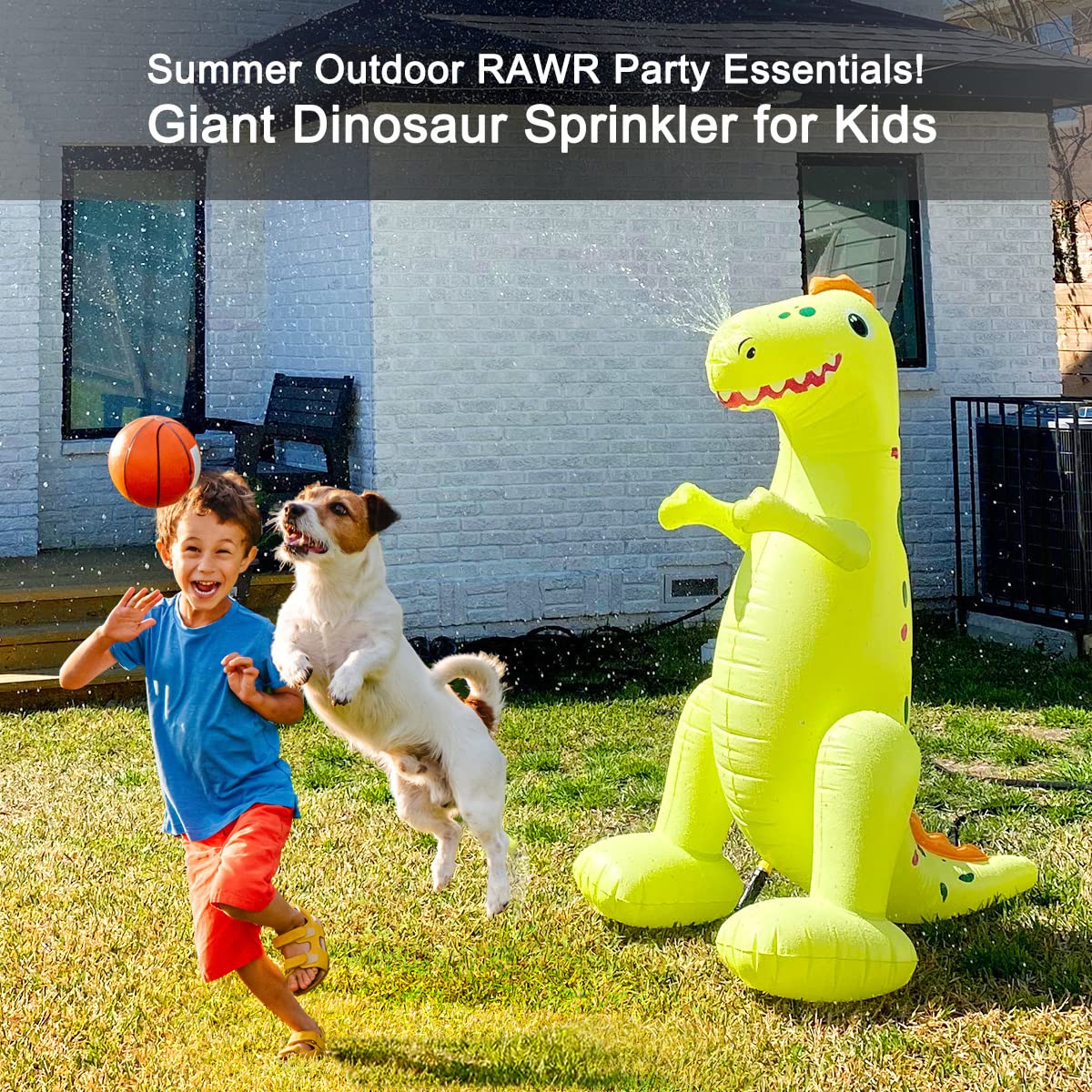 Dinosaur sprinkler nose sprays water for lively outdoor play.