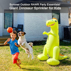 Dinosaur sprinkler nose sprays water for lively outdoor play.