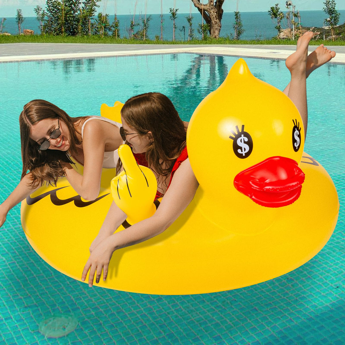 Float Joy giant duck pool float in bright yellow for adults lounging.