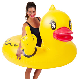 Float Joy giant rubber duck pool float lounging in water for relaxing and fun