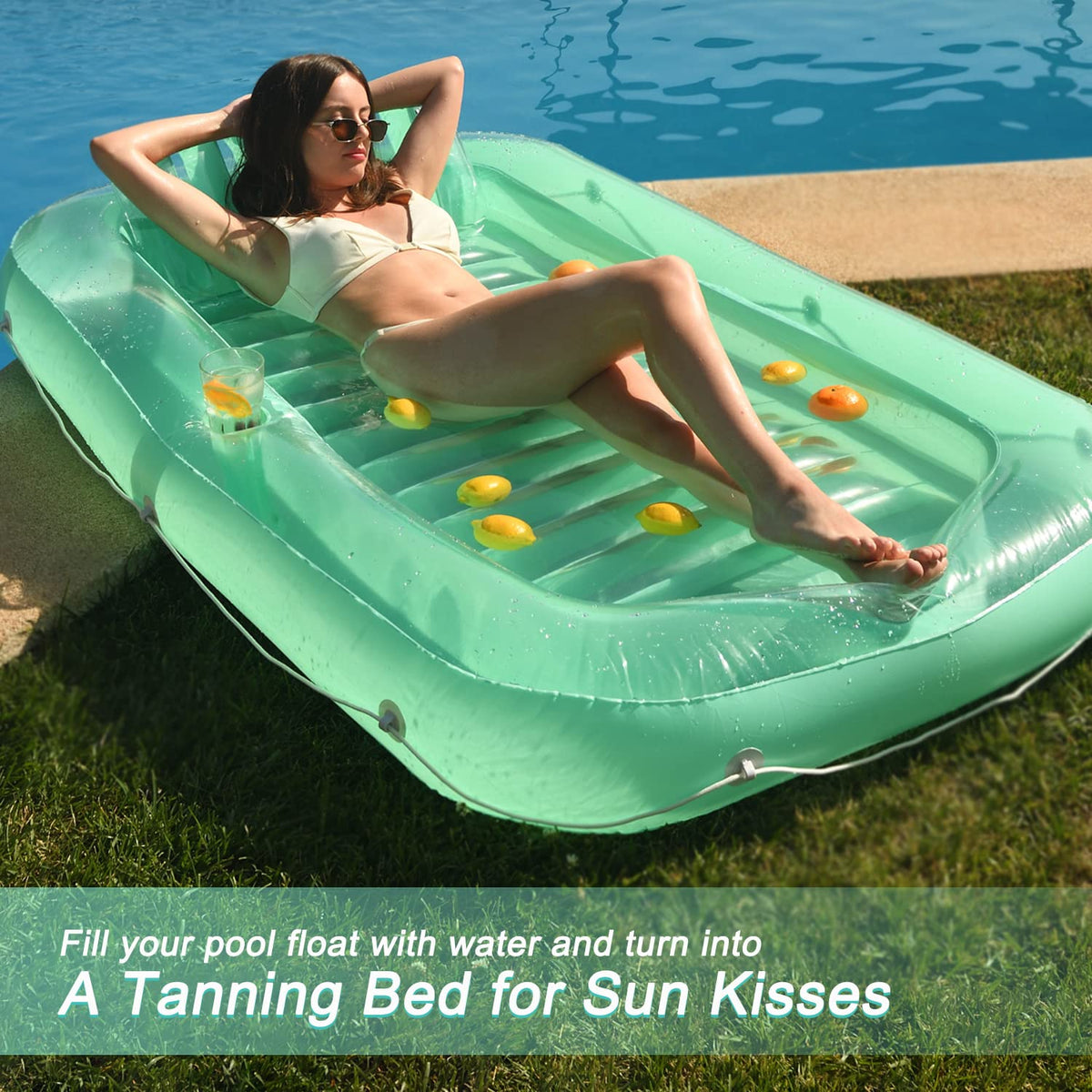 Float Joy Suntan Tub built-in cupholder keeps drinks within reach.