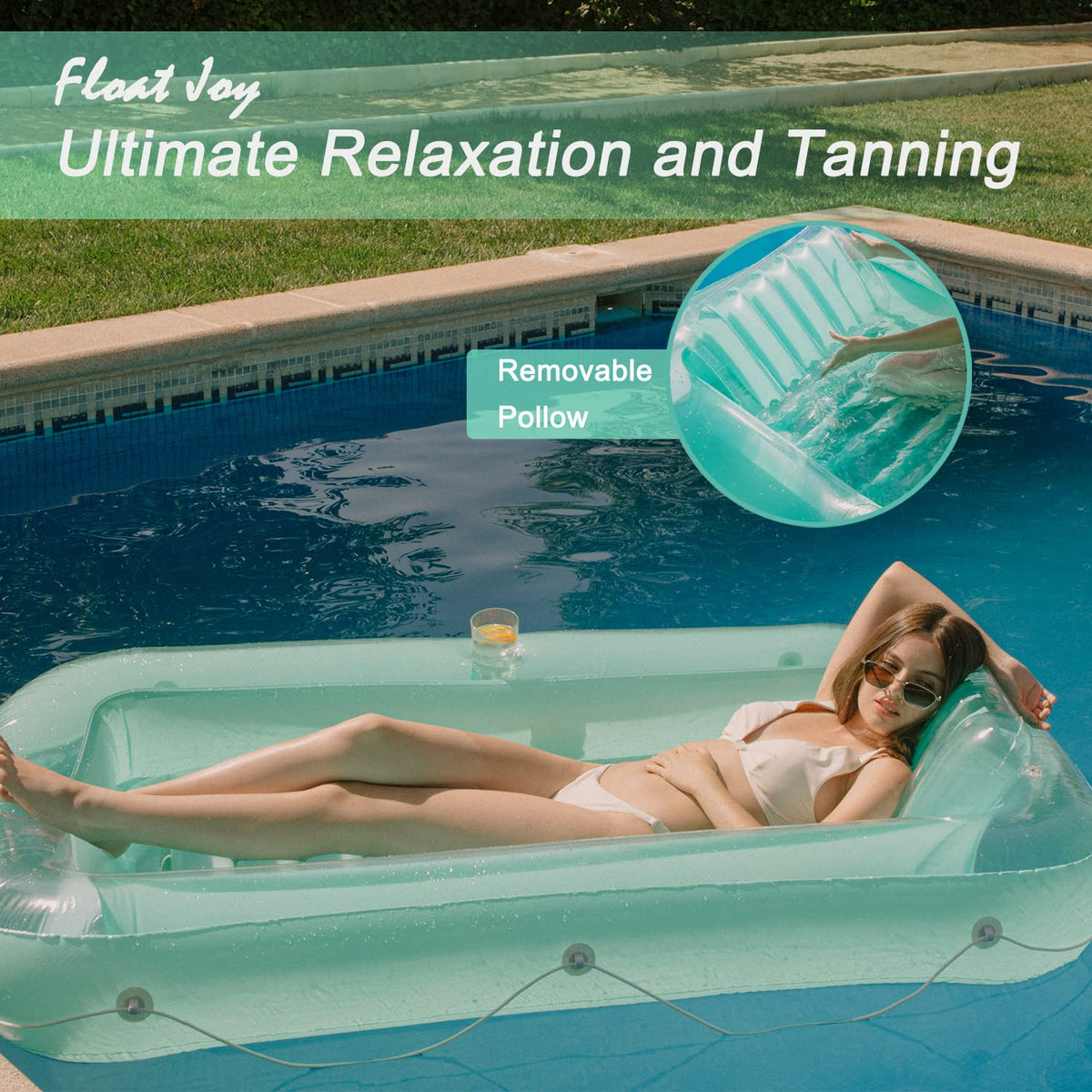 Float Joy Suntan Tub with detachable neckrest shows customizable comfort.