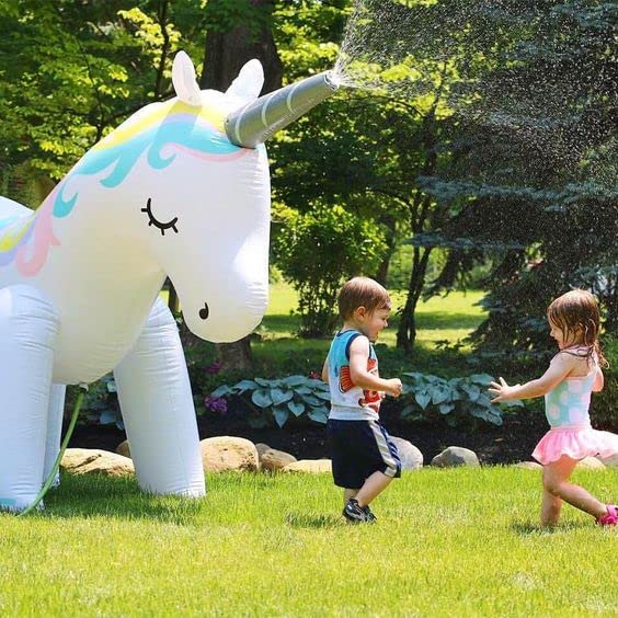 Float Joy unicorn sprinkler with four stakes for wind stability