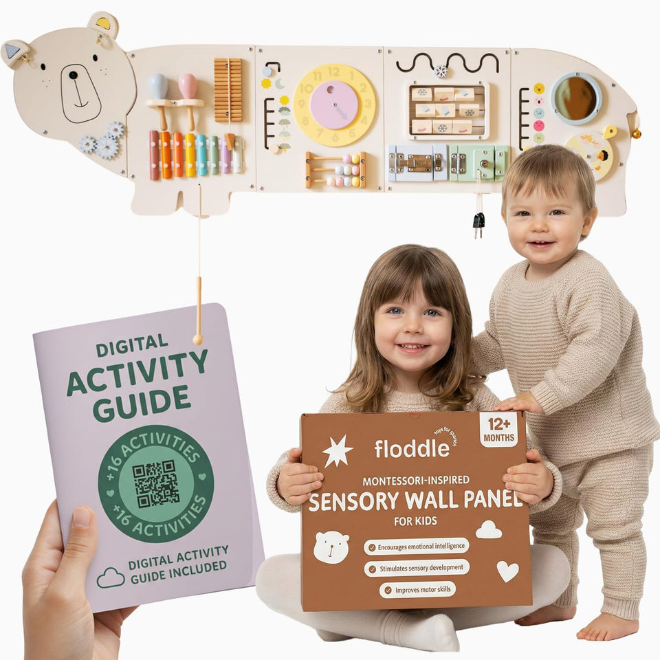 FLODDLE Sensory Wall Panel gears section supports fine motor skills through hands-on play