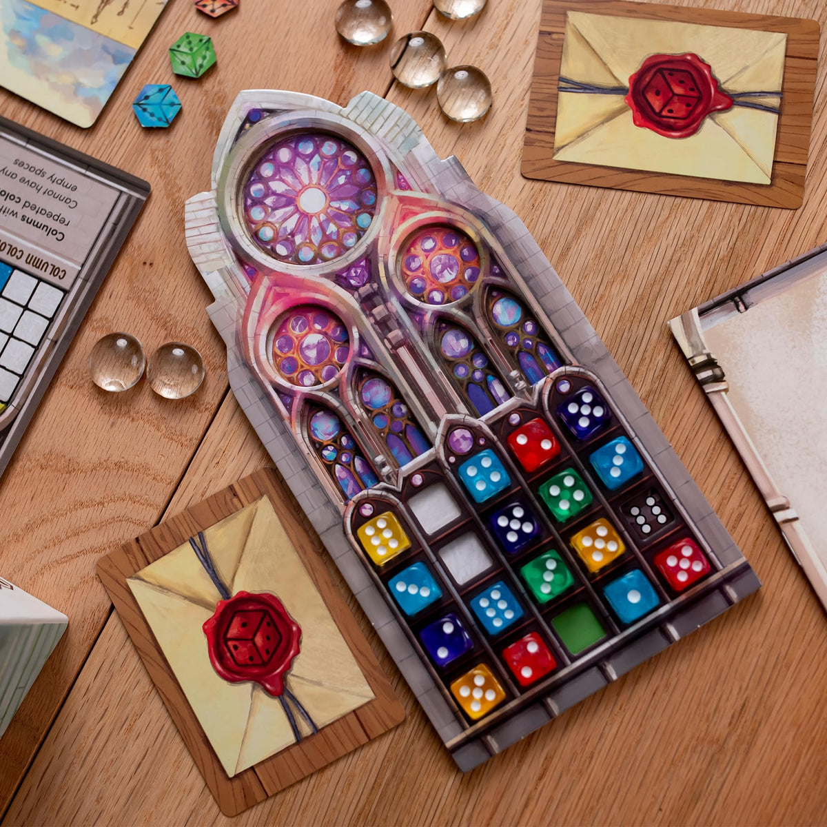 Floodgate Sagrada board game translucent dice with glass-like glow for immersive play