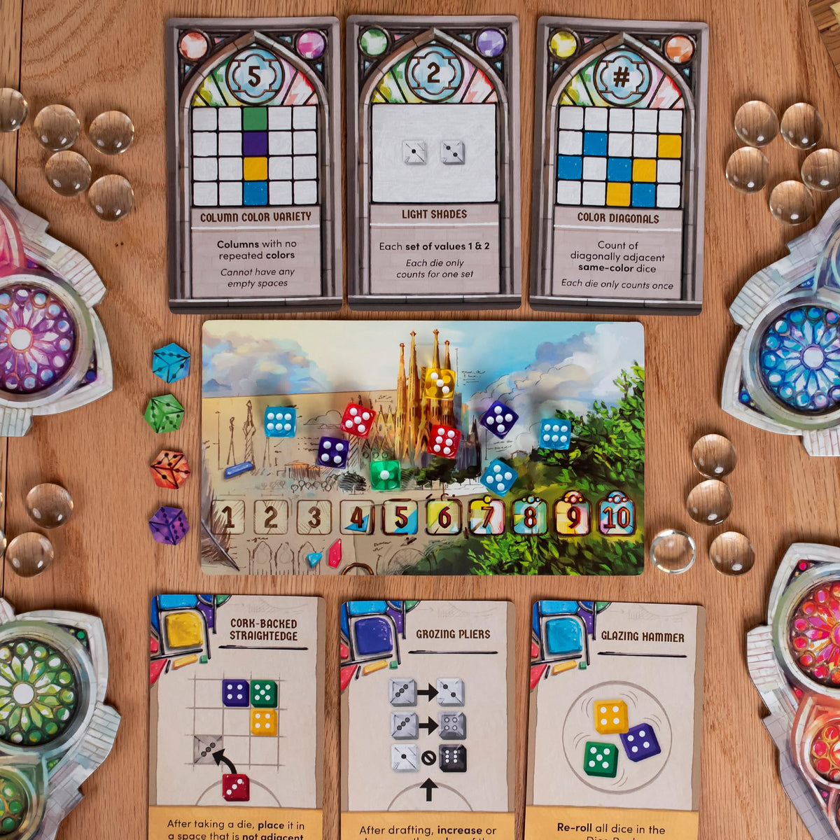 Floodgate Sagrada board game window pattern cards highlight strategic placement opportunities