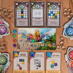 Floodgate Sagrada board game window pattern cards highlight strategic placement opportunities