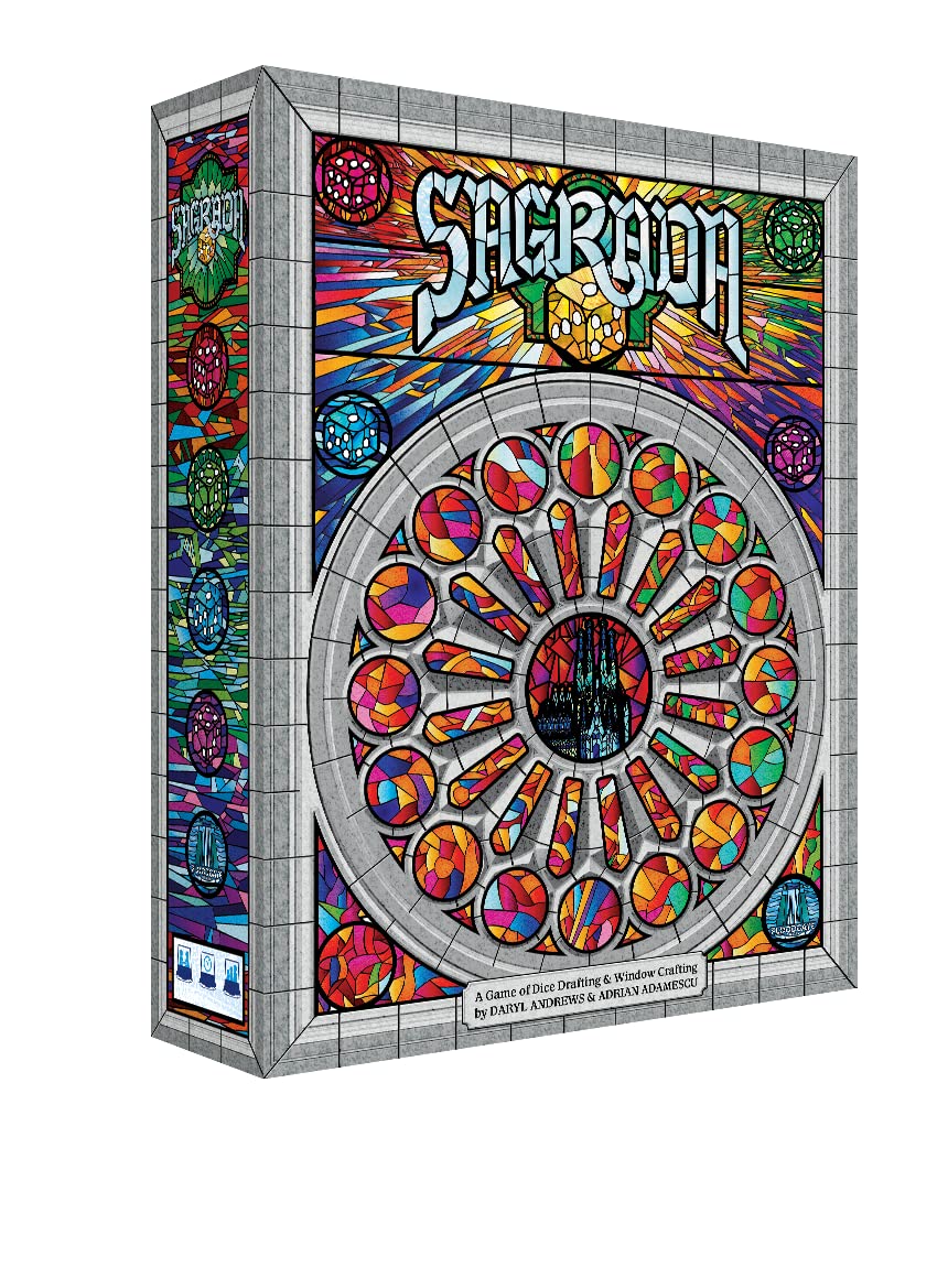 Floodgate Games Sagrada dice drafting session with vibrant dice assembling a stained-glass window