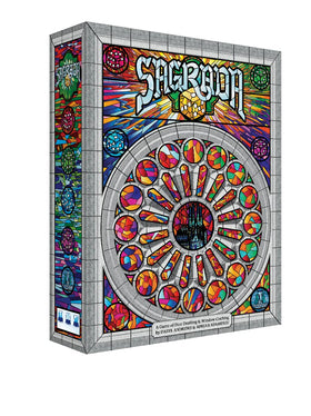 Floodgate Games Sagrada dice drafting session with vibrant dice assembling a stained-glass window