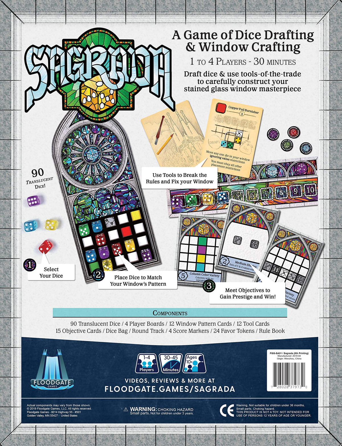 Floodgate Games Sagrada in-the-box contents laid out for a fast-start experience