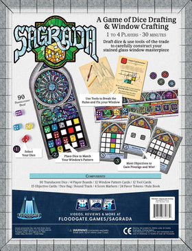 Floodgate Games Sagrada in-the-box contents laid out for a fast-start experience
