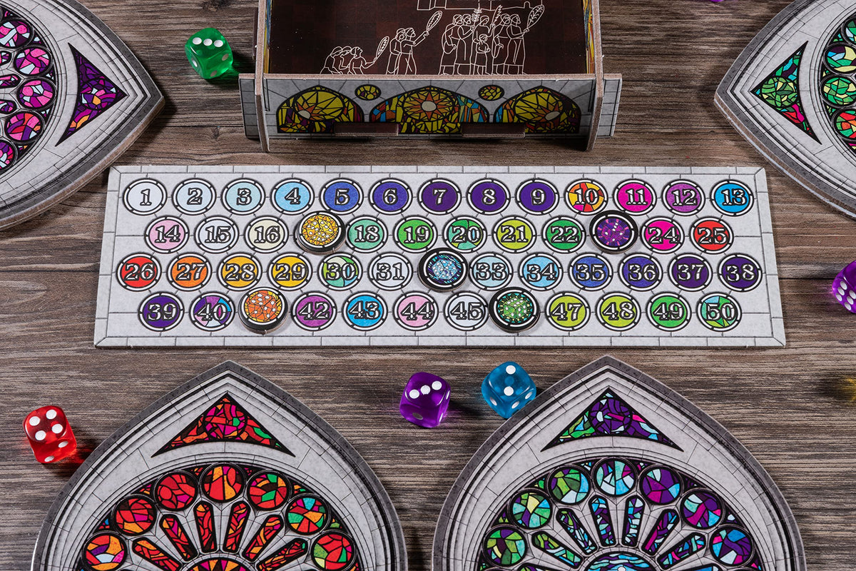 Floodgate Games Sagrada objective cards spread to guide planning each round