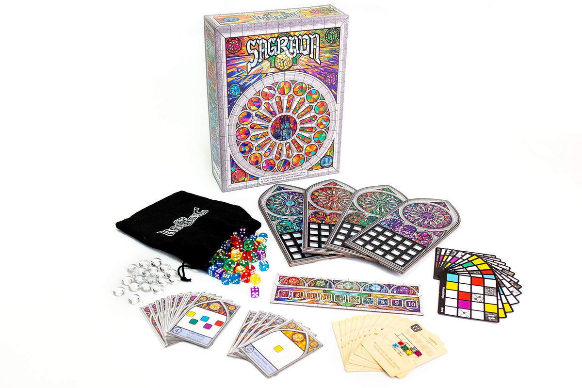 Floodgate Games Sagrada tool cards and tiles displayed for quick reference