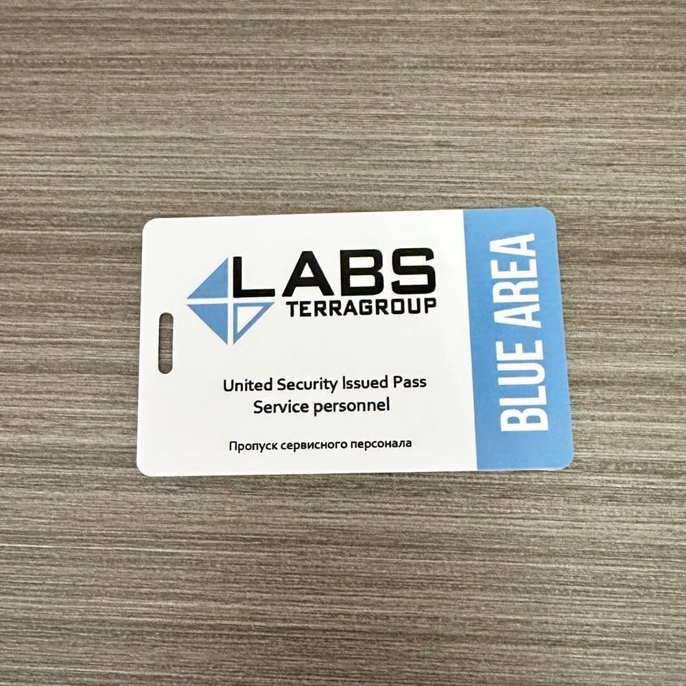 FLOORSOUTH red card TerraGroup cosplay prop on table