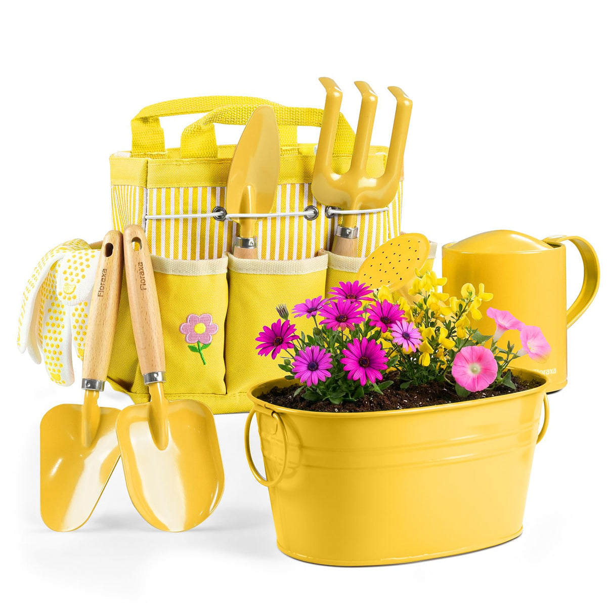 Floraxa 8Pcs Kids Gardening Set with metal watering can for outdoor play and learning