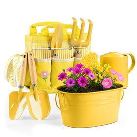 Floraxa 8Pcs Kids Gardening Set with metal watering can for outdoor play and learning