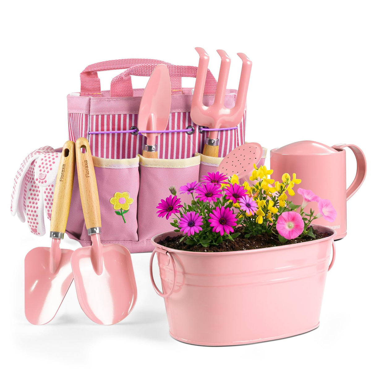 Floraxa 8-piece Kids Gardening Set metal watering can enhances outdoor learning