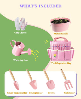 Floraxa 8-piece Kids Gardening Set wooden handles provide ergonomic grip