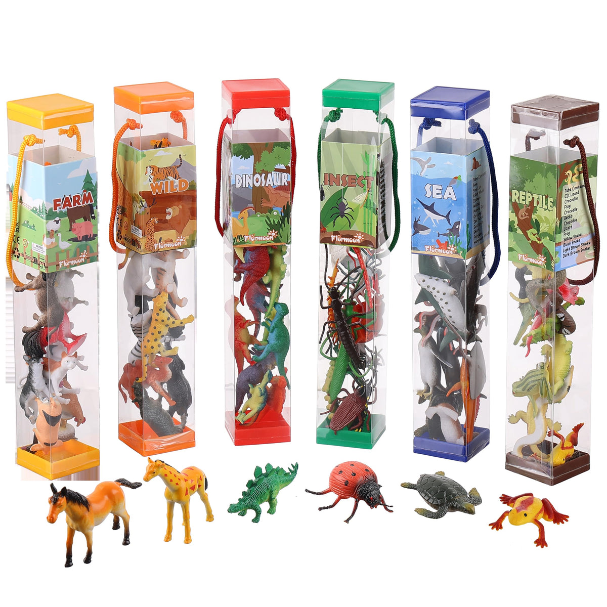 FLORMOON 72-piece animal figures set, realistic hand-painted creatures for creative pretend play.
