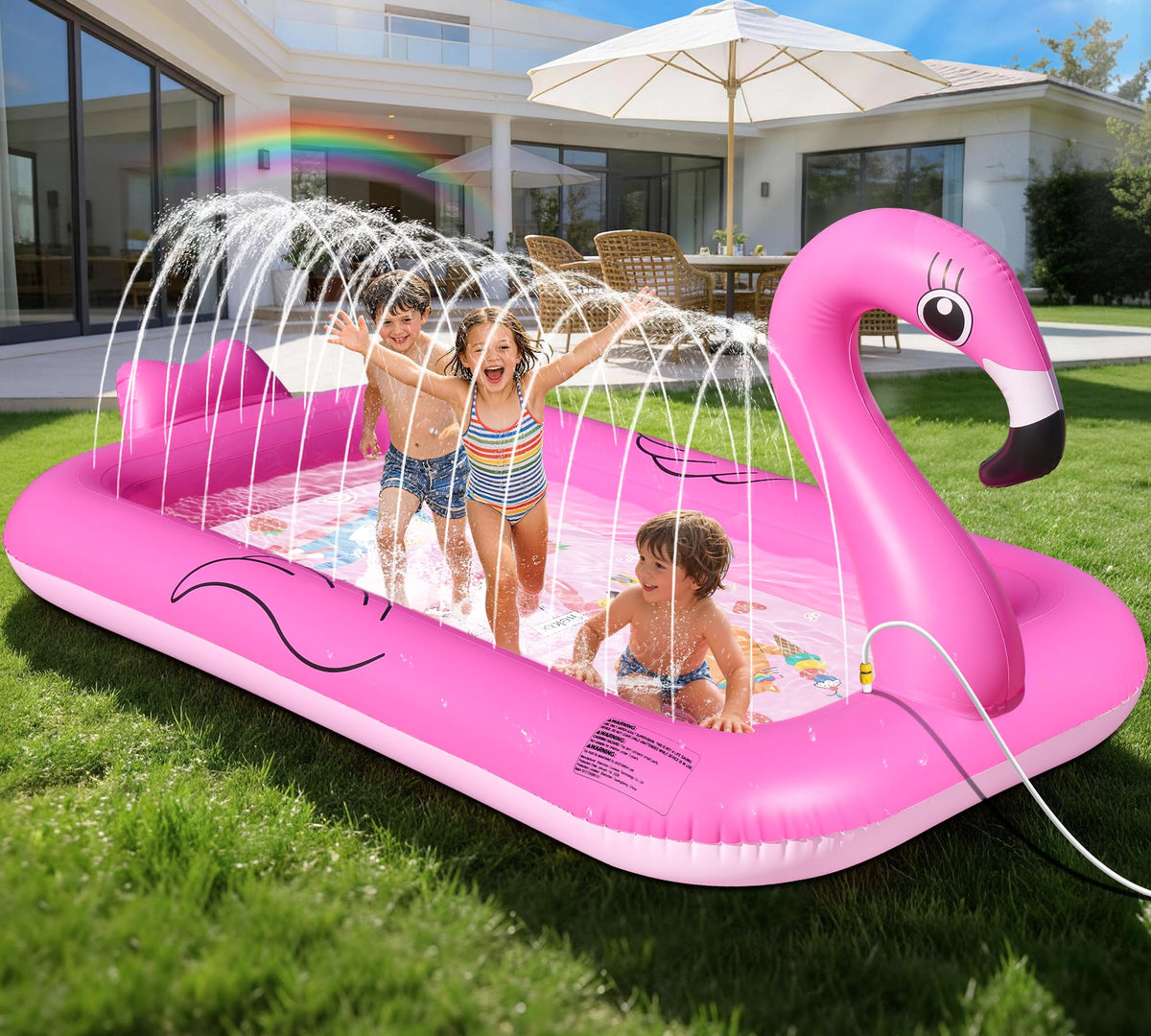 FluSing Flamingo Splash Pad front view encourages outdoor water play for toddlers.