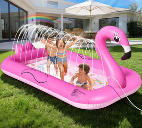 FluSing Flamingo Splash Pad front view encourages outdoor water play for toddlers.