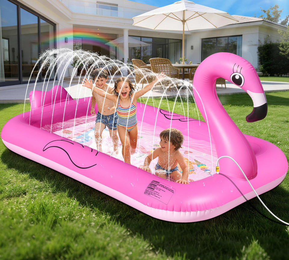 FluSing Flamingo Splash Pad front view encourages outdoor water play for toddlers.