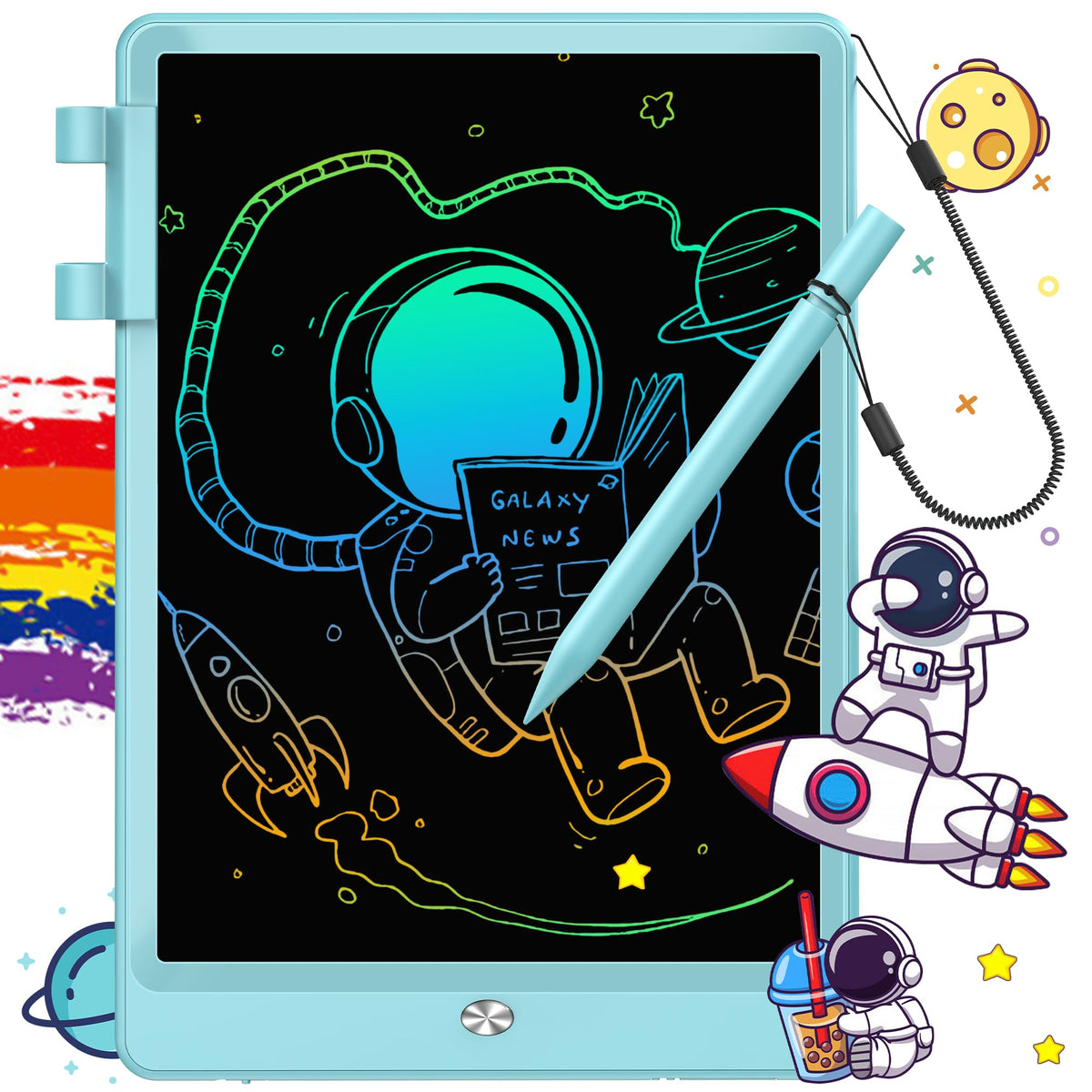 FLUESTON 10-inch LCD writing tablet for kids, portable and mess-free.