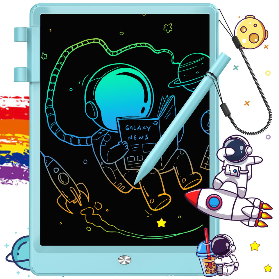 FLUESTON 10-inch LCD writing tablet for kids, portable and mess-free.