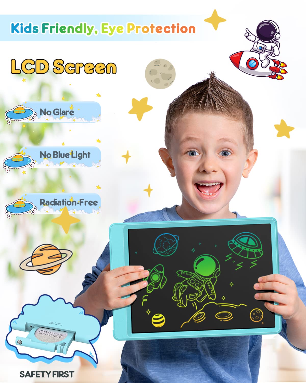 Child drawing on FLUESTON color LCD board during travel.