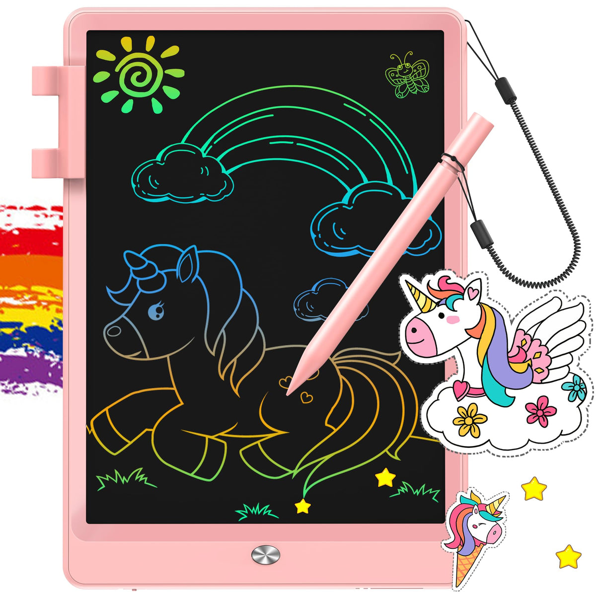 FLUESTON LCD writing tablet pink front view for kids, mess-free creative doodling.