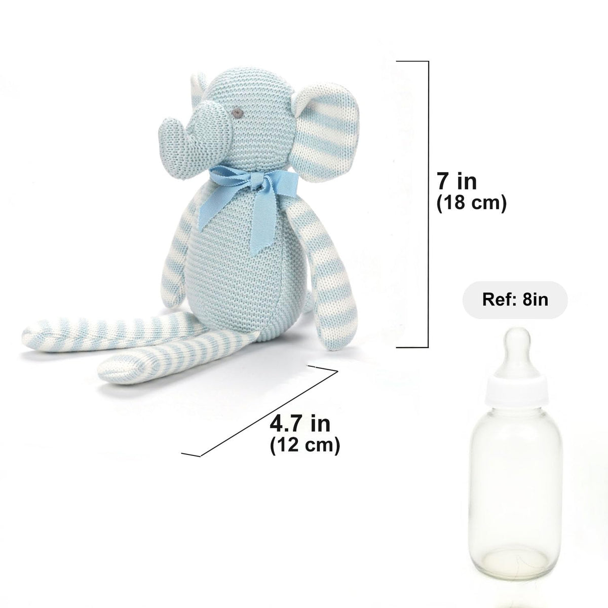 FluffyFun blue elephant plush sitting pose, 7.1 inches tall.