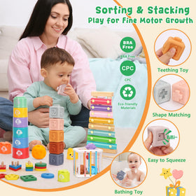 FlufiFiea sensory bin: tactile blocks promote fine motor skills and texture exploration.