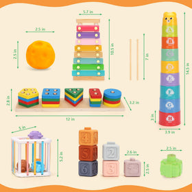 FlufiFiea shape sorter: colorful shapes aid spatial awareness and problem solving.