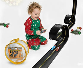FLXTRACK flexible race car track laid out for immersive play indoors or outdoors