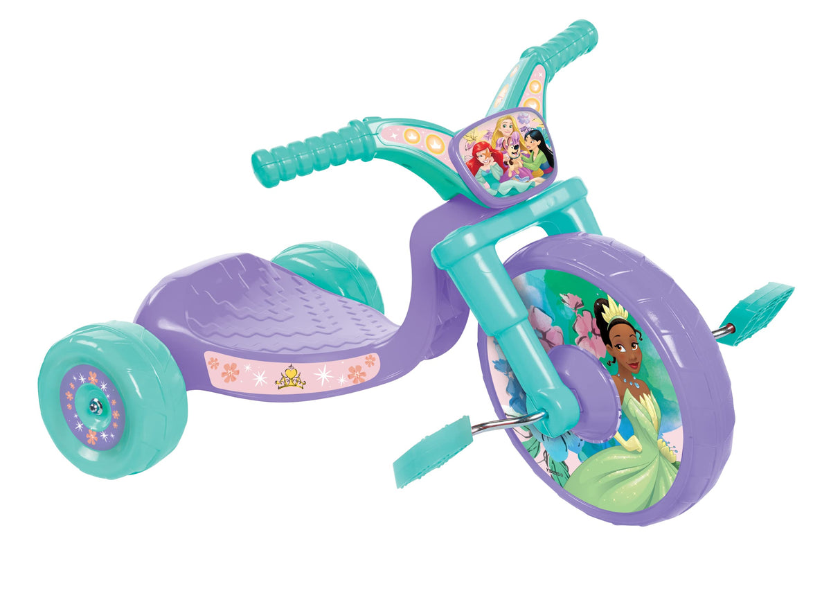 Fly Wheels Disney Princess ride-on tricycle with sounds for toddlers, encouraging imaginative play.