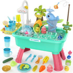 Flybakiz 4-in-1 water table for kitchen play with running water, ideal for toddlers.