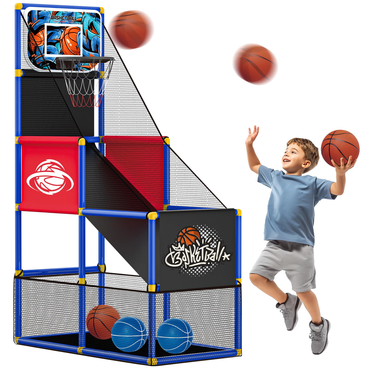 FlyBakiz adjustable hoop side-mount setup for toddlers enjoying first swish