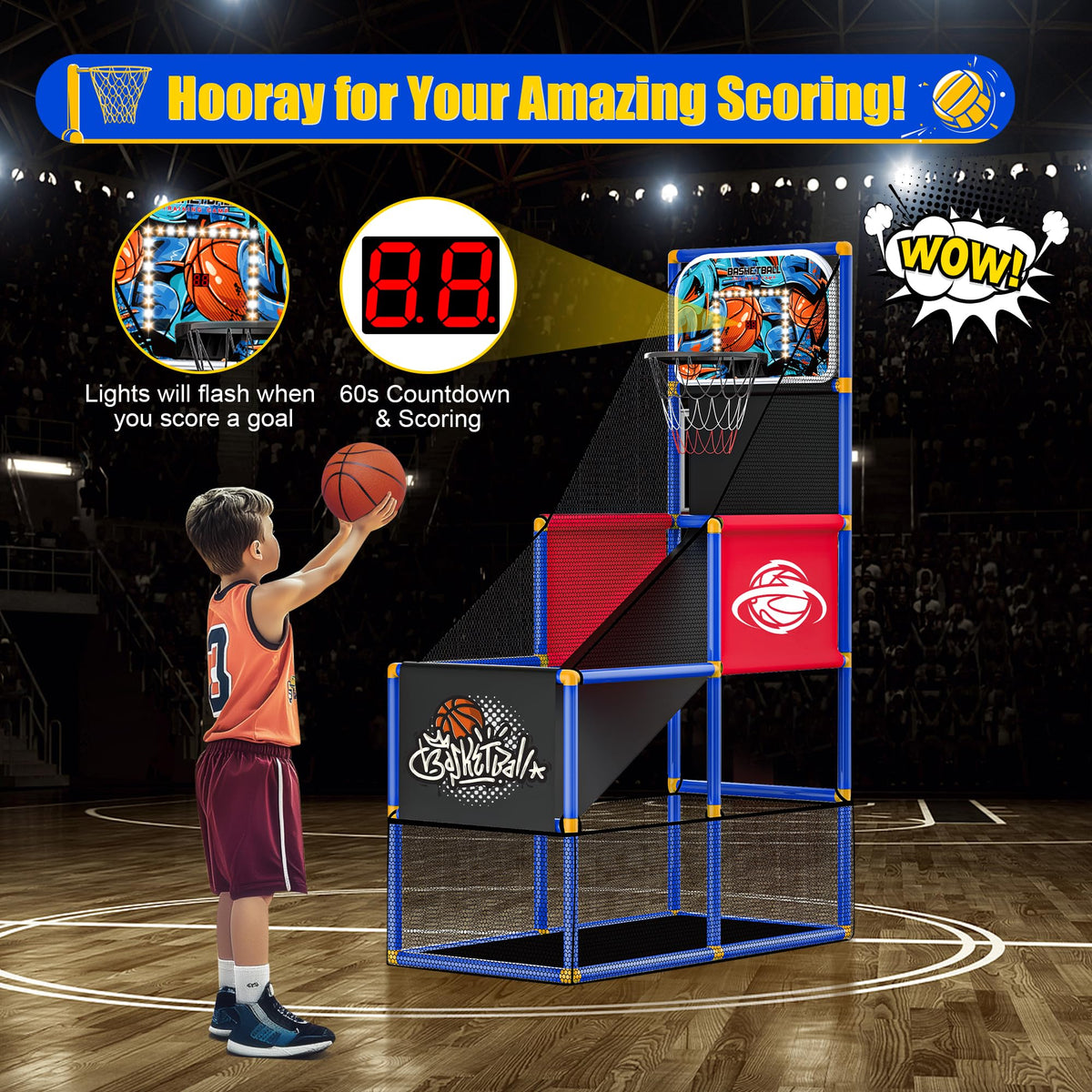 Flybakiz arcade hoop with backboard mounted on either side for versatile play