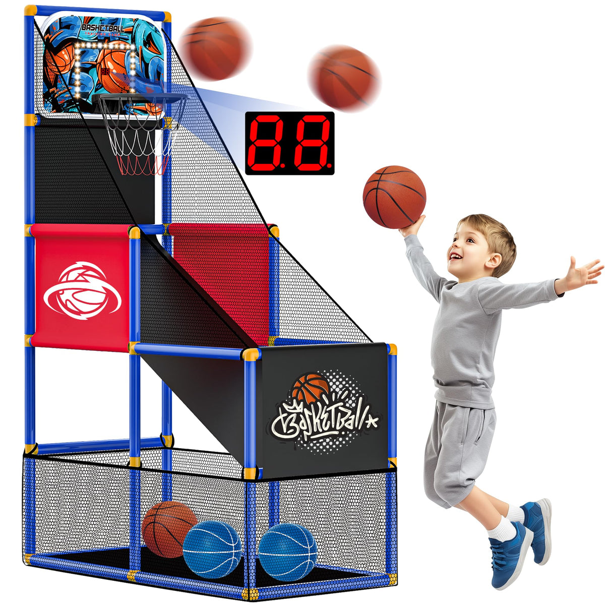 Flybakiz kids arcade basketball hoop with adjustable height for growing players