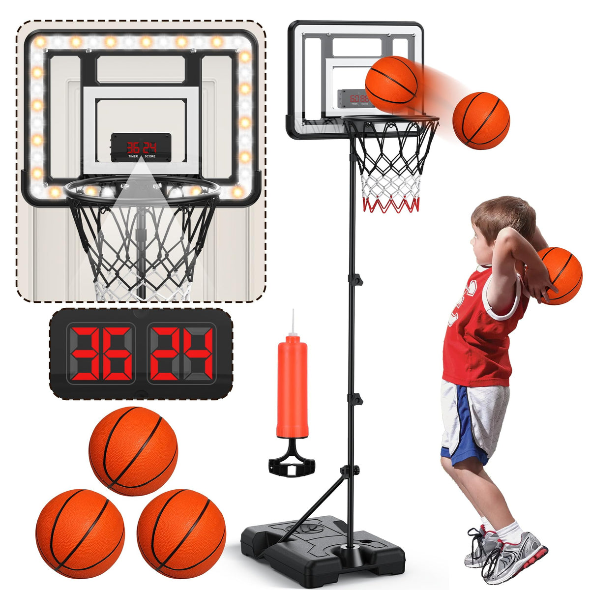 FlyBakiz kids indoor basketball hoop on a stand for versatile home play