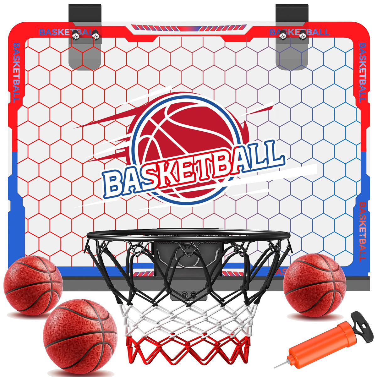 FlyBakiz mini indoor basketball hoop mounted on a door for quick setup.