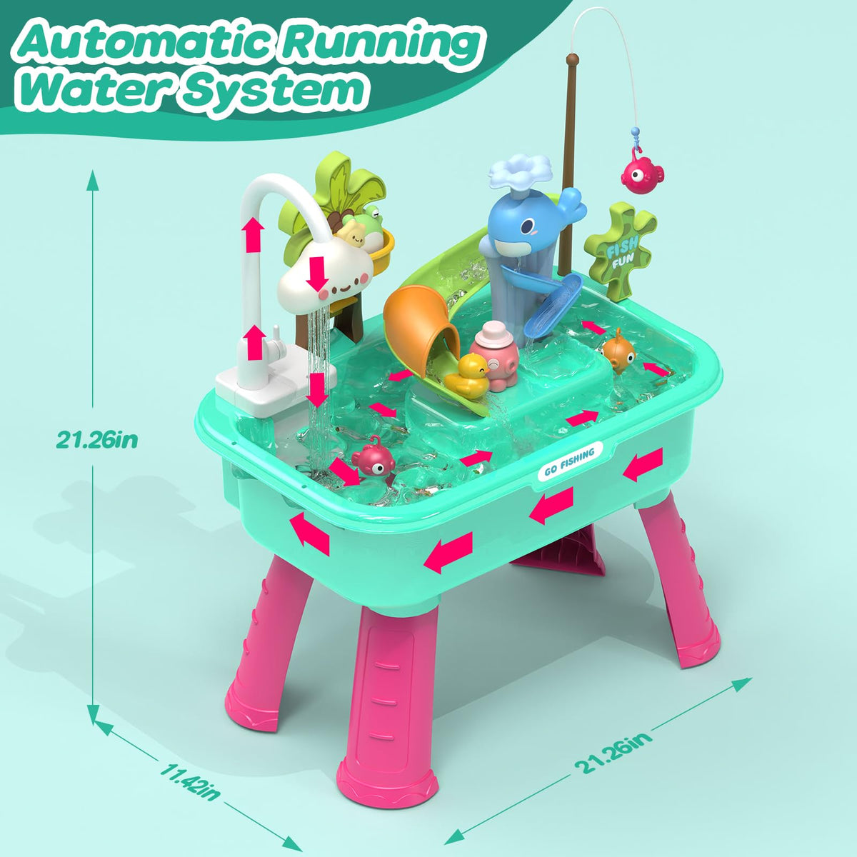 Flybakiz built-in water pump creates continuous flow for engaging water play.