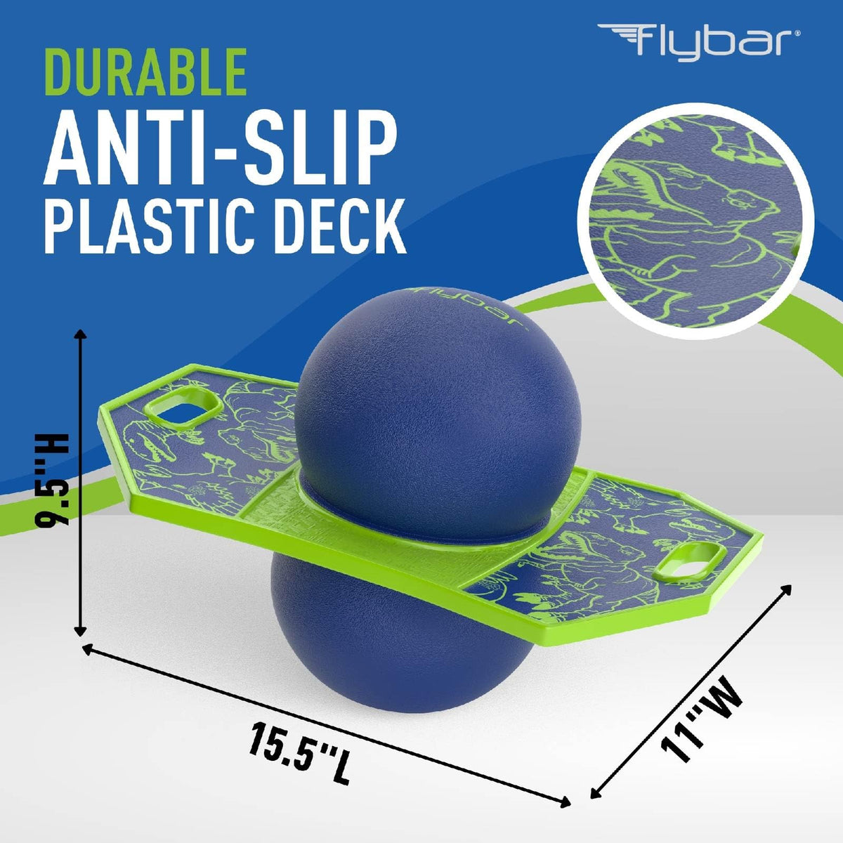 Flybar Dino pogo ball suitable for indoor and outdoor use by kids.